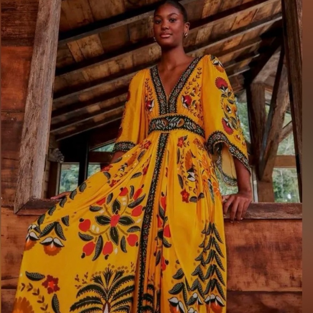 NWT Farm Rio Tropical Tapestry Yellow Kaftan Dress